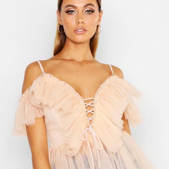 Boohoo Tops - COPY - Boohoo Mesh Organza Ruffle Layered Peplum